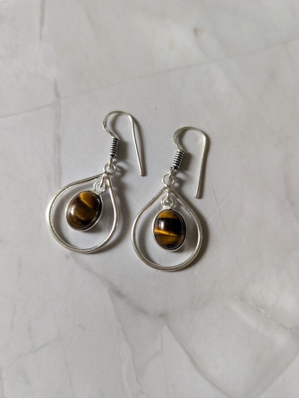 Sterling Silver Tiger Eye Teardrop Earrings | 925 Gemstone Dangle Vintage